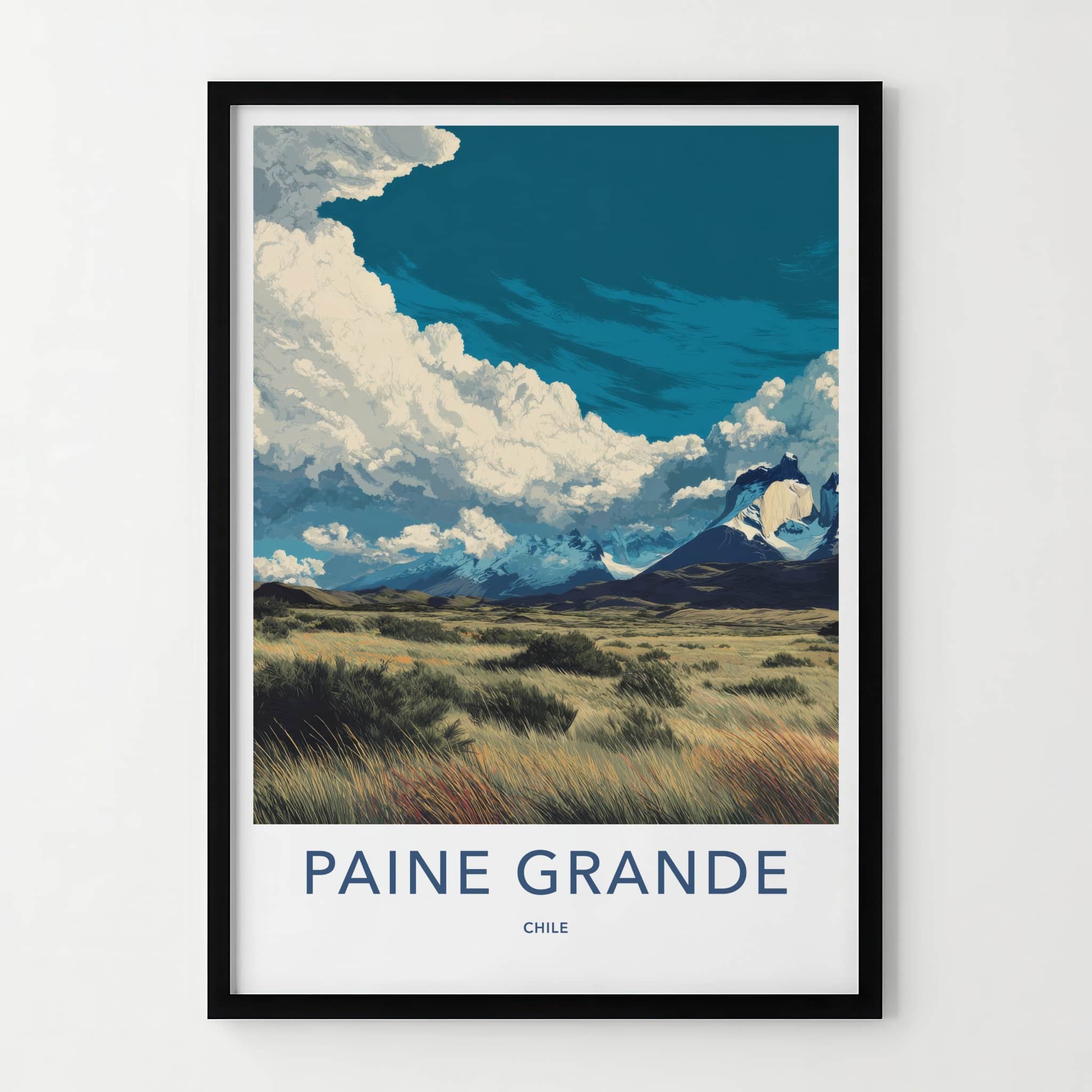Paine Grande Poster - Chile Travel Art - Snowy Peaks Grass Home Decor