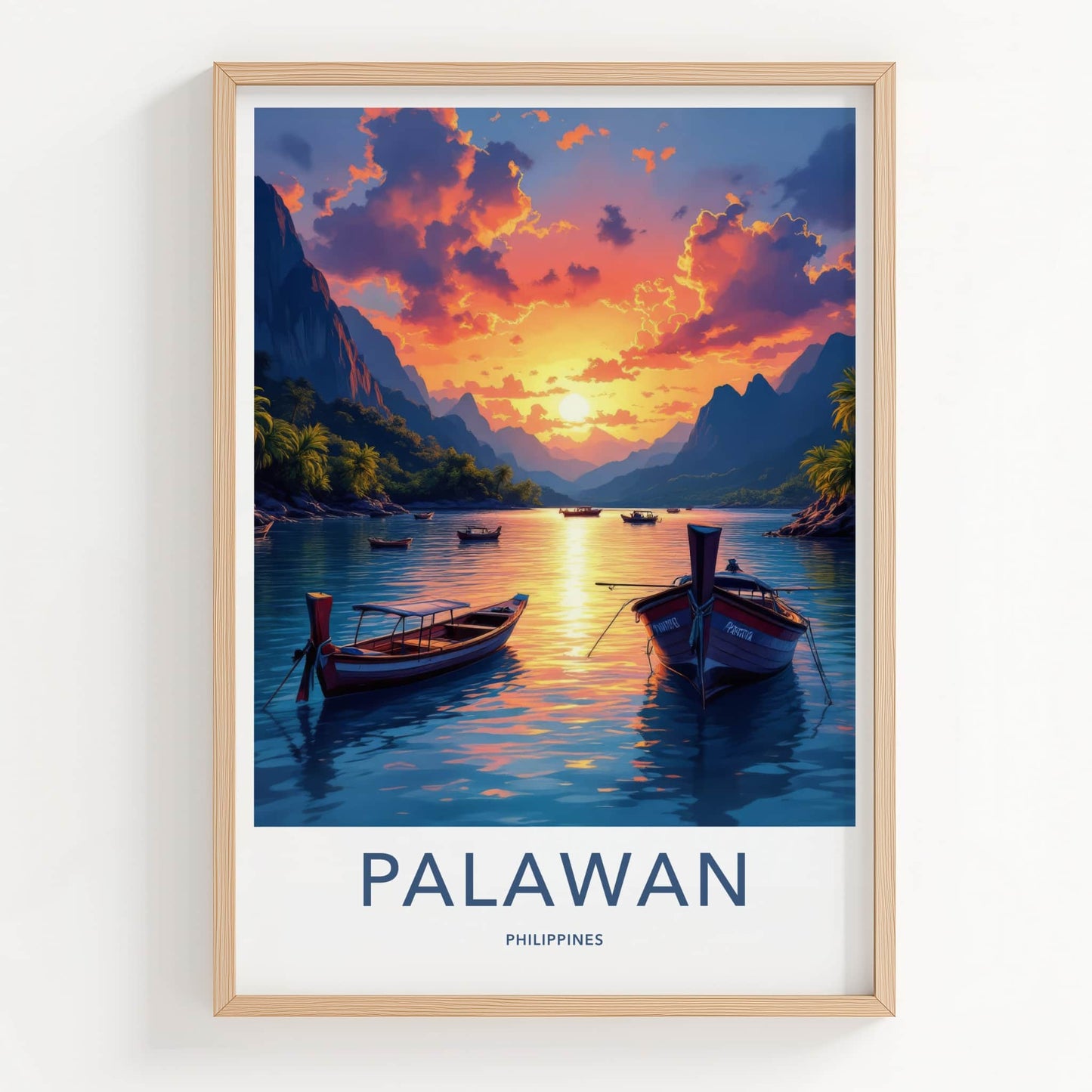 Palawan Poster - Philippines Travel Art - Boats Sunset Mountains Home Decor