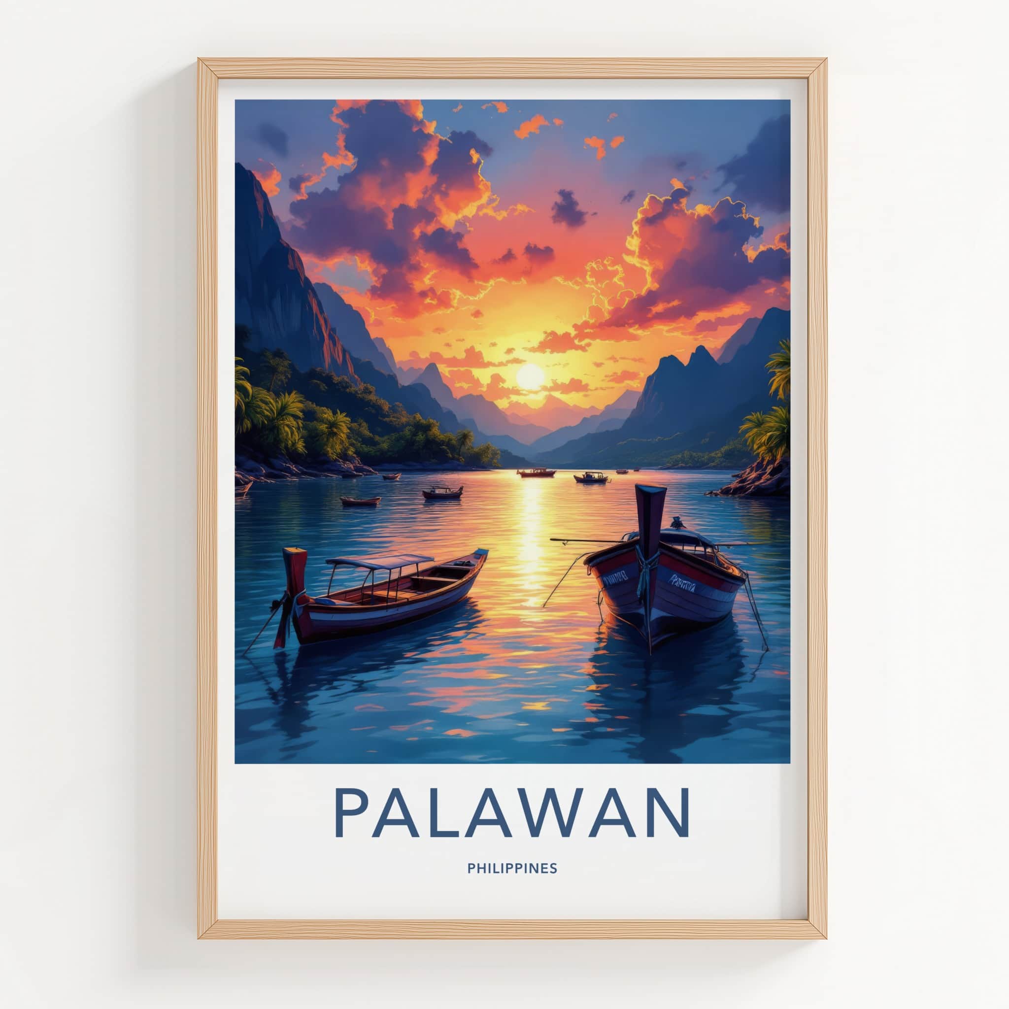 Palawan Poster - Philippines Travel Art - Boats Sunset Mountains Home Decor