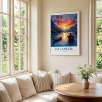 Palawan Poster - Philippines Travel Art - Boats Sunset Mountains Home Decor