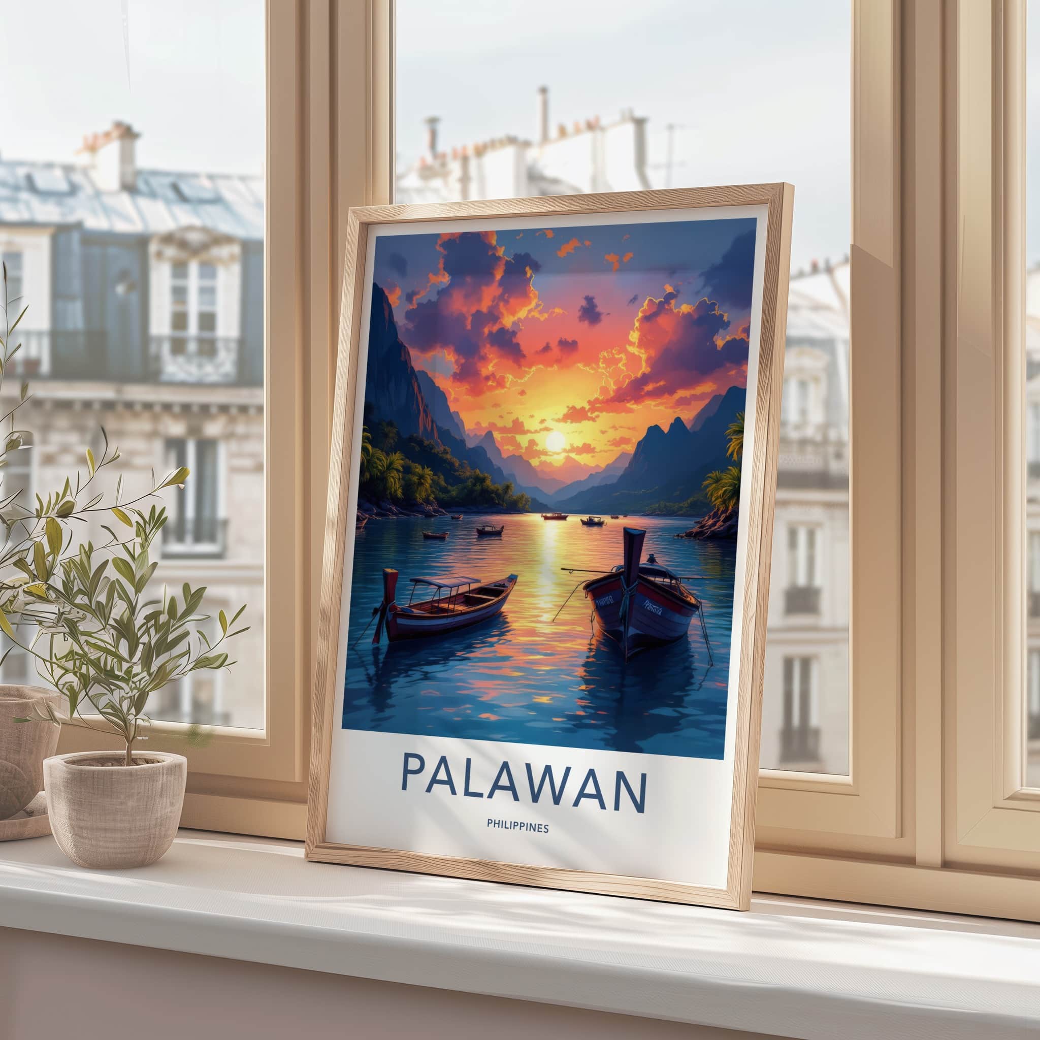 Palawan Poster - Philippines Travel Art - Boats Sunset Mountains Home Decor