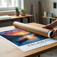 Palawan Poster - Philippines Travel Art - Boats Sunset Mountains Home Decor