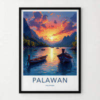 Palawan Poster - Philippines Travel Art - Boats Sunset Mountains Home Decor