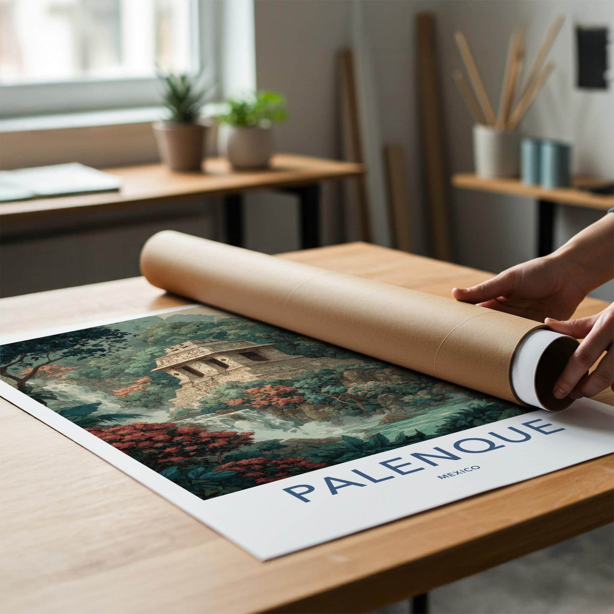 Palenque Poster - Mexico Travel Art - Ancient Temple Waterfall Home Decor