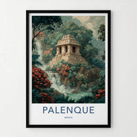 Palenque Poster - Mexico Travel Art - Ancient Temple Waterfall Home Decor