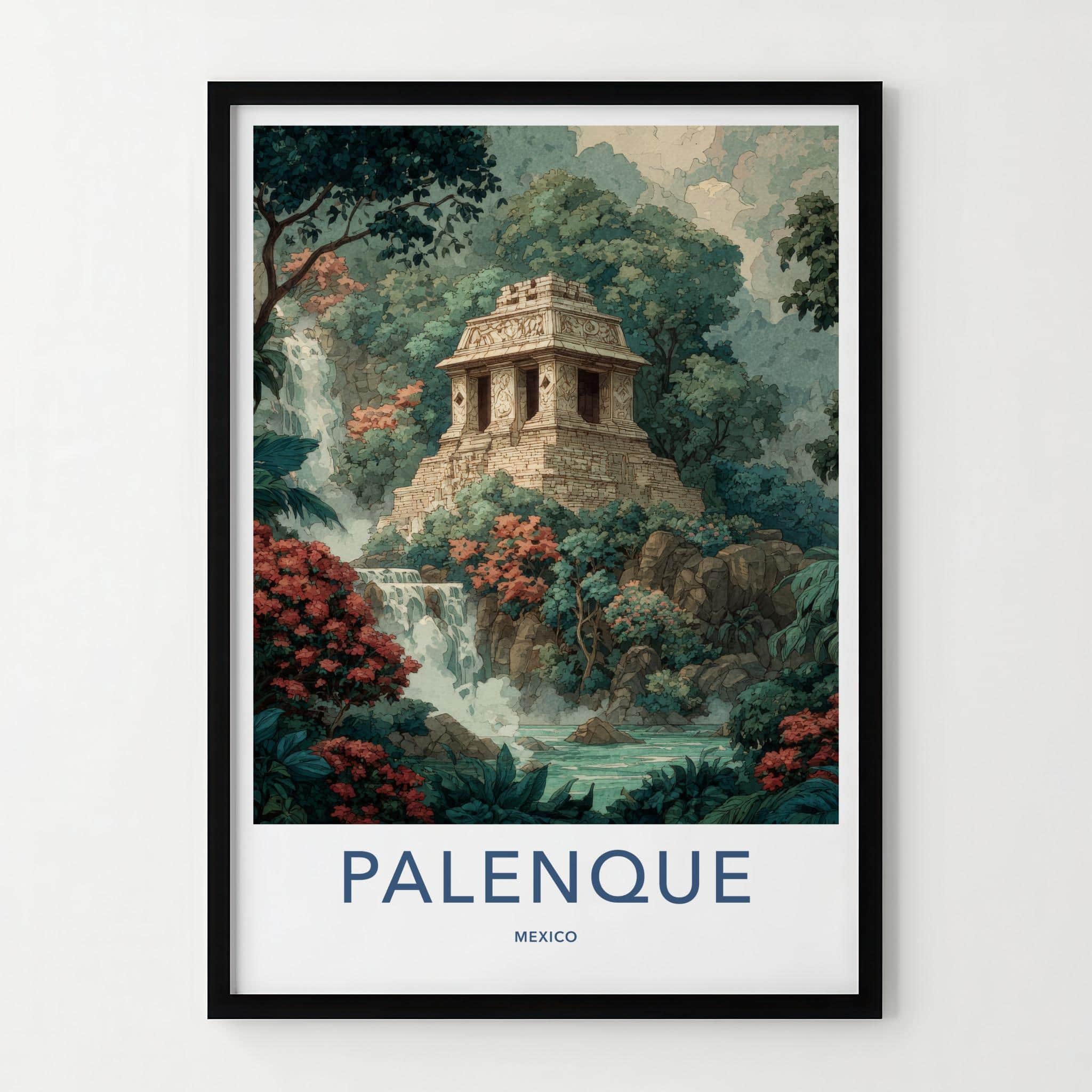 Palenque Poster - Mexico Travel Art - Ancient Temple Waterfall Home Decor