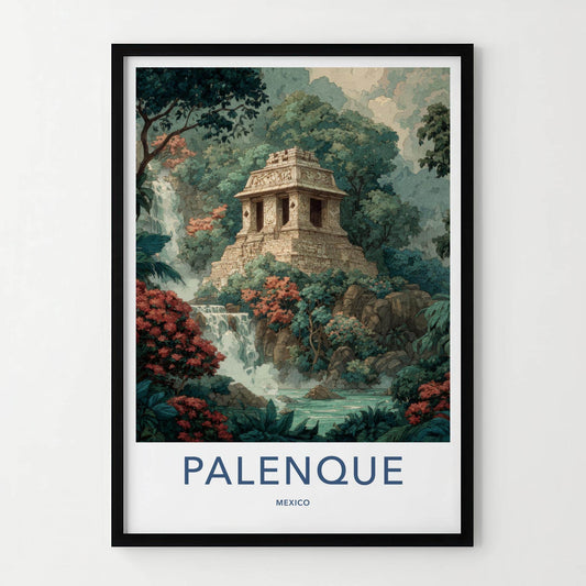 Palenque Poster - Mexico Travel Art - Ancient Temple Waterfall Home Decor