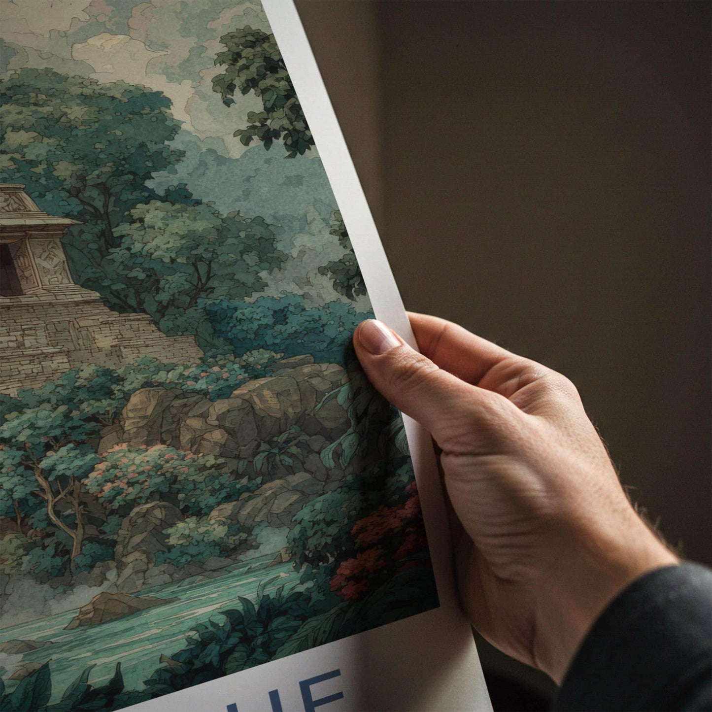 Palenque Poster - Mexico Travel Art - Ancient Temple Waterfall Home Decor