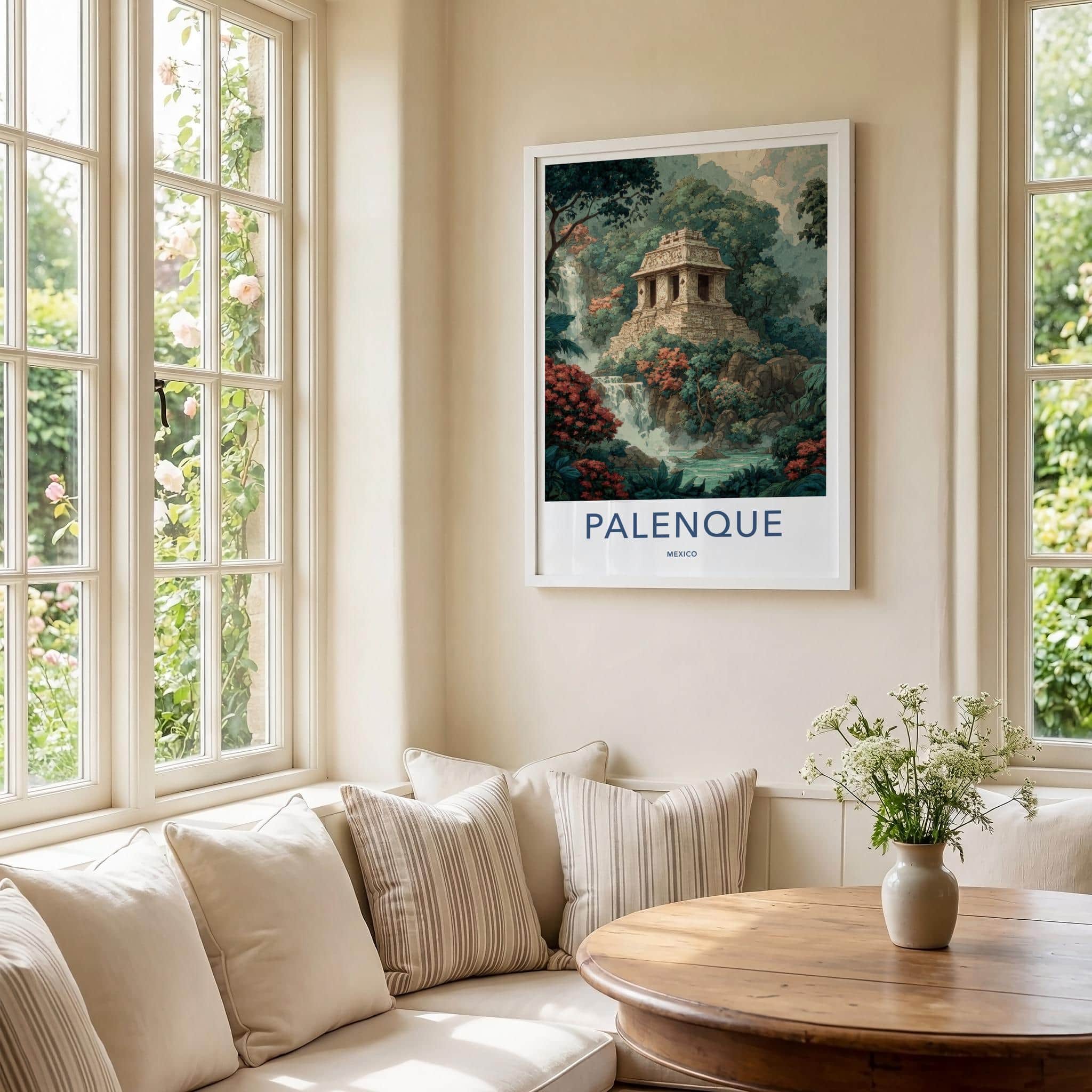 Palenque Poster - Mexico Travel Art - Ancient Temple Waterfall Home Decor