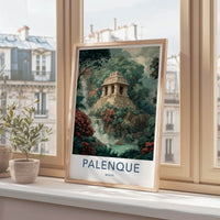 Palenque Poster - Mexico Travel Art - Ancient Temple Waterfall Home Decor