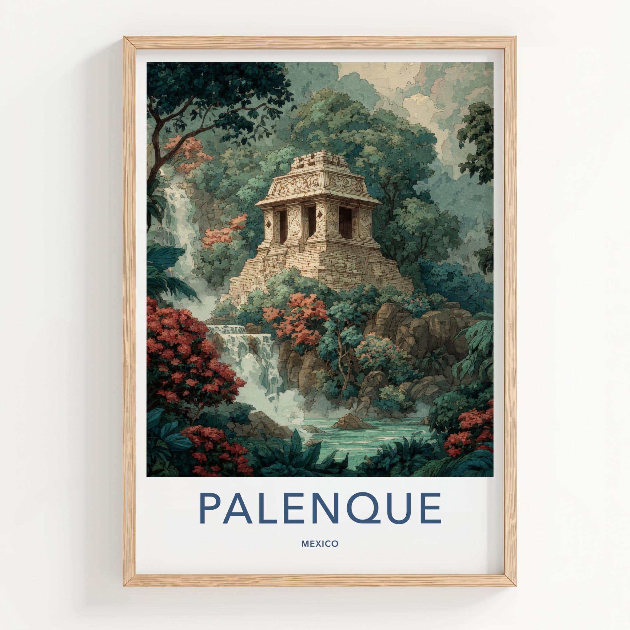 Palenque Poster - Mexico Travel Art - Ancient Temple Waterfall Home Decor