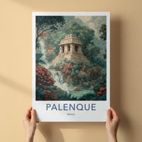 Palenque Poster - Mexico Travel Art - Ancient Temple Waterfall Home Decor