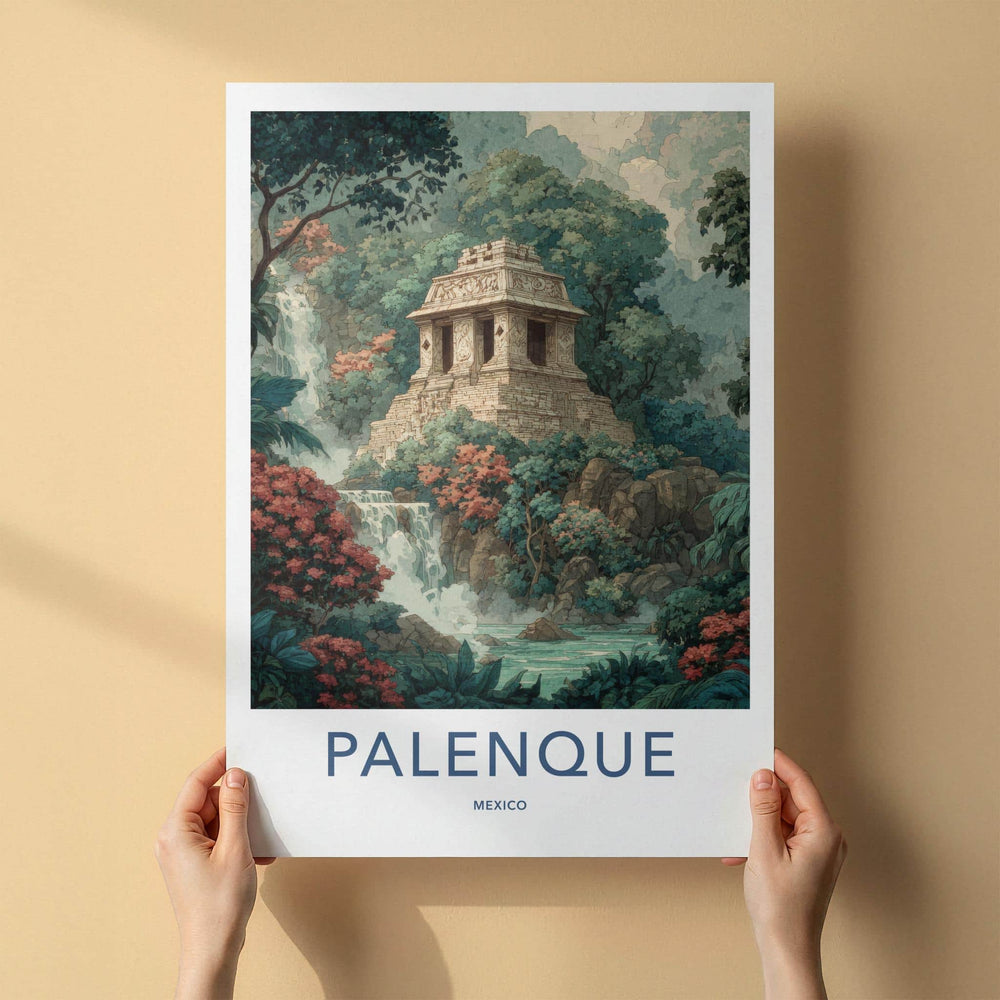 Palenque Poster - Mexico Travel Art - Ancient Temple Waterfall Home Decor