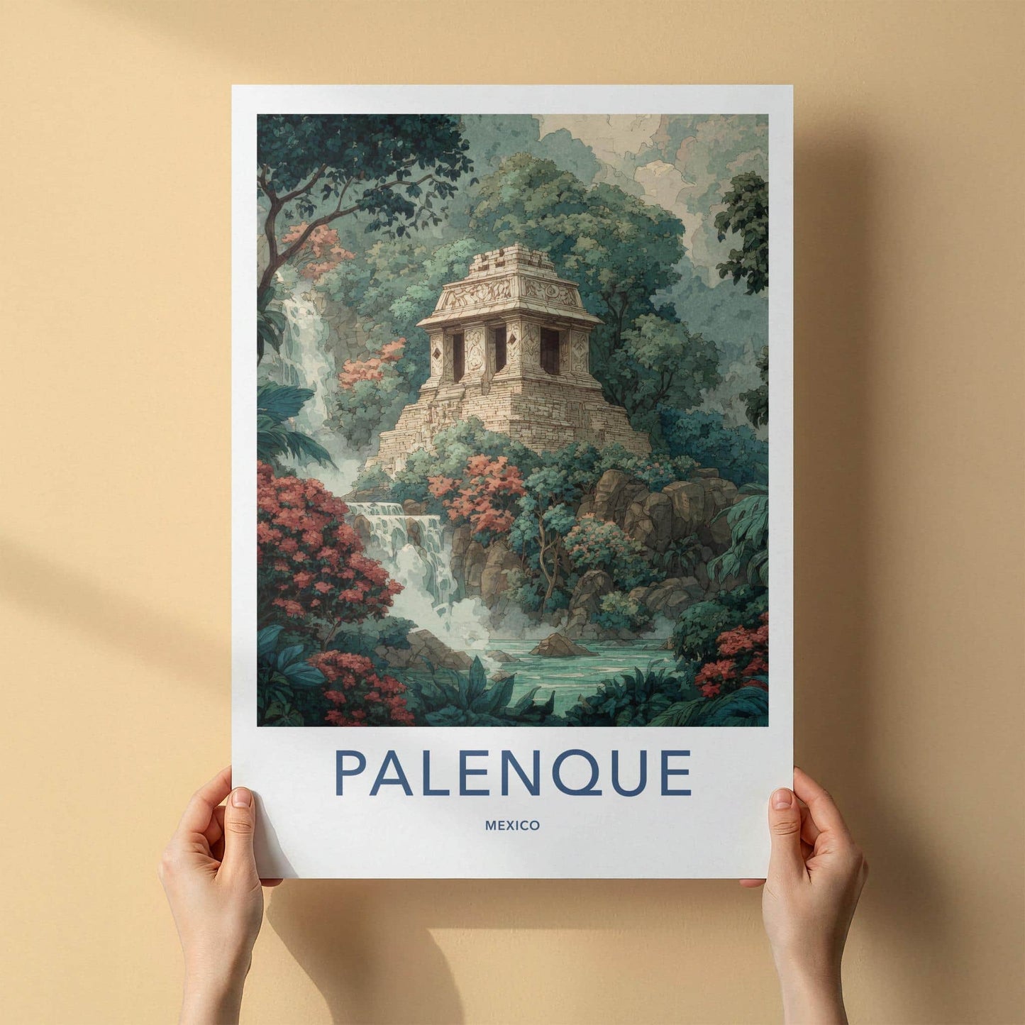 Palenque Poster - Mexico Travel Art - Ancient Temple Waterfall Home Decor