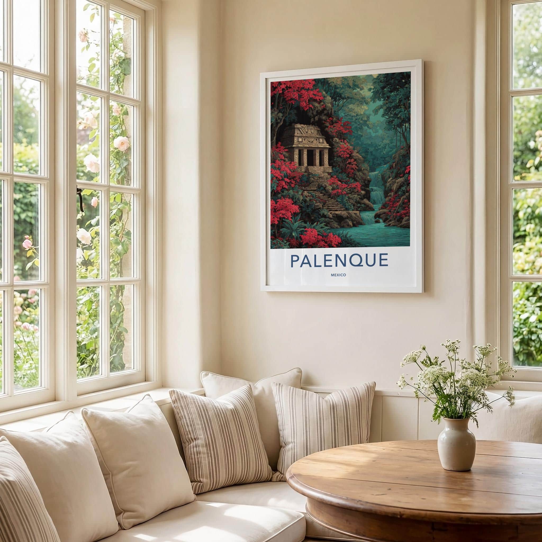 Palenque Poster - Mexico Travel Art - Jungle Temple Waterfall Home Decor