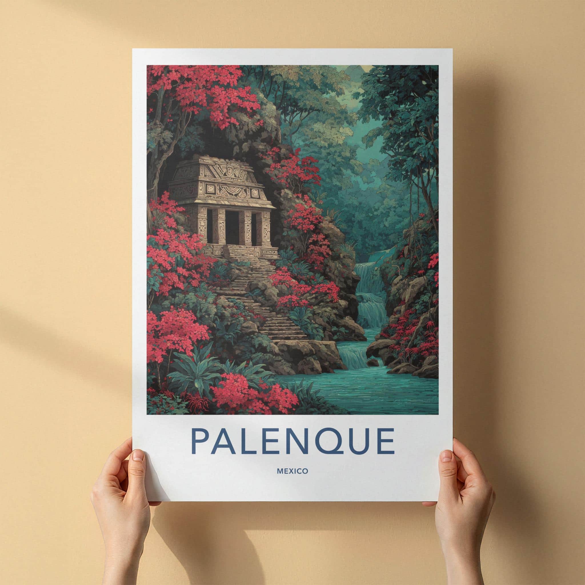 Palenque Poster - Mexico Travel Art - Jungle Temple Waterfall Home Decor