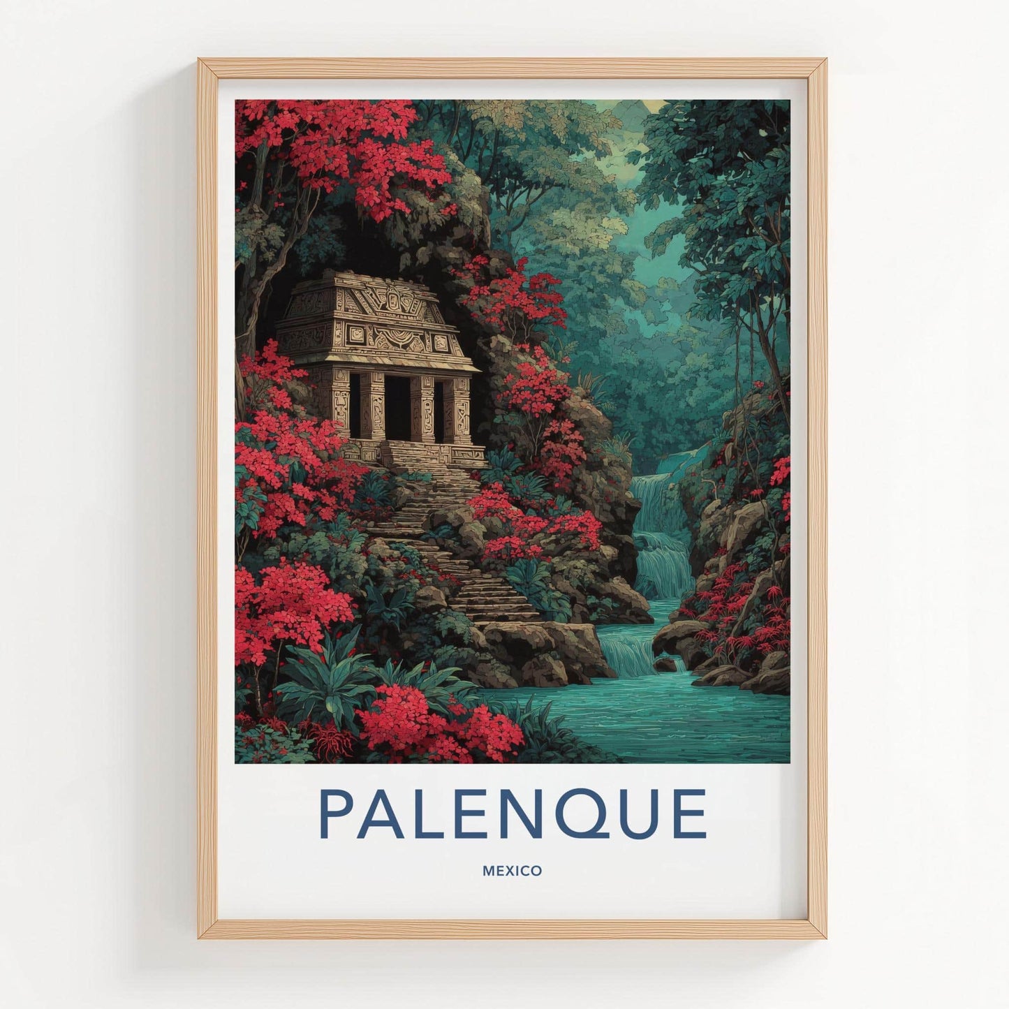 Palenque Poster - Mexico Travel Art - Jungle Temple Waterfall Home Decor