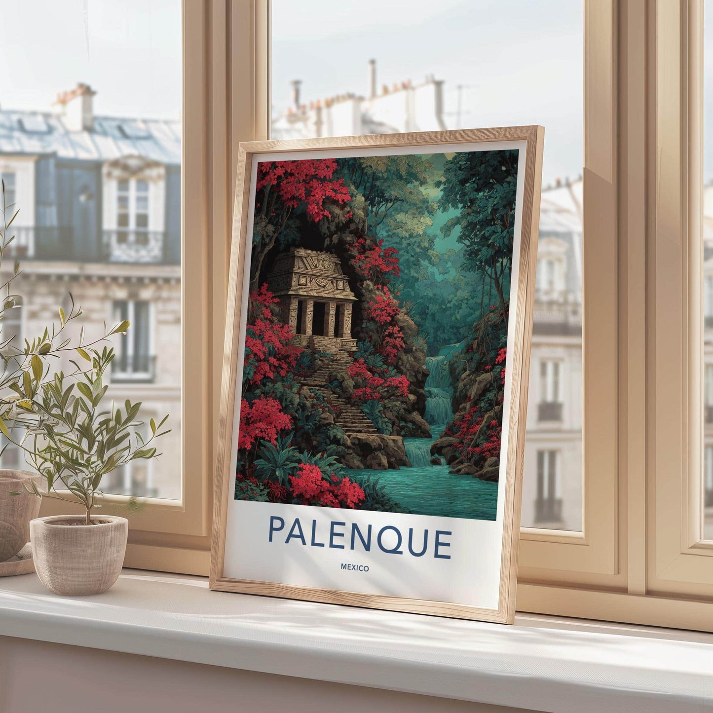Palenque Poster - Mexico Travel Art - Jungle Temple Waterfall Home Decor