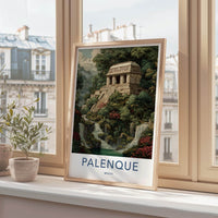 Palenque Poster - Mexico Travel Art - Mayan Temple Waterfalls Home Decor