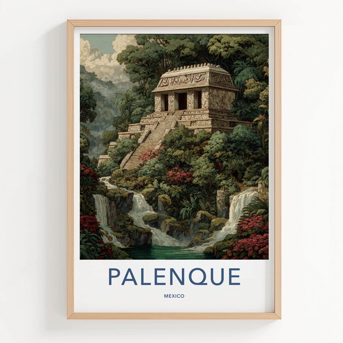 Palenque Poster - Mexico Travel Art - Mayan Temple Waterfalls Home Decor