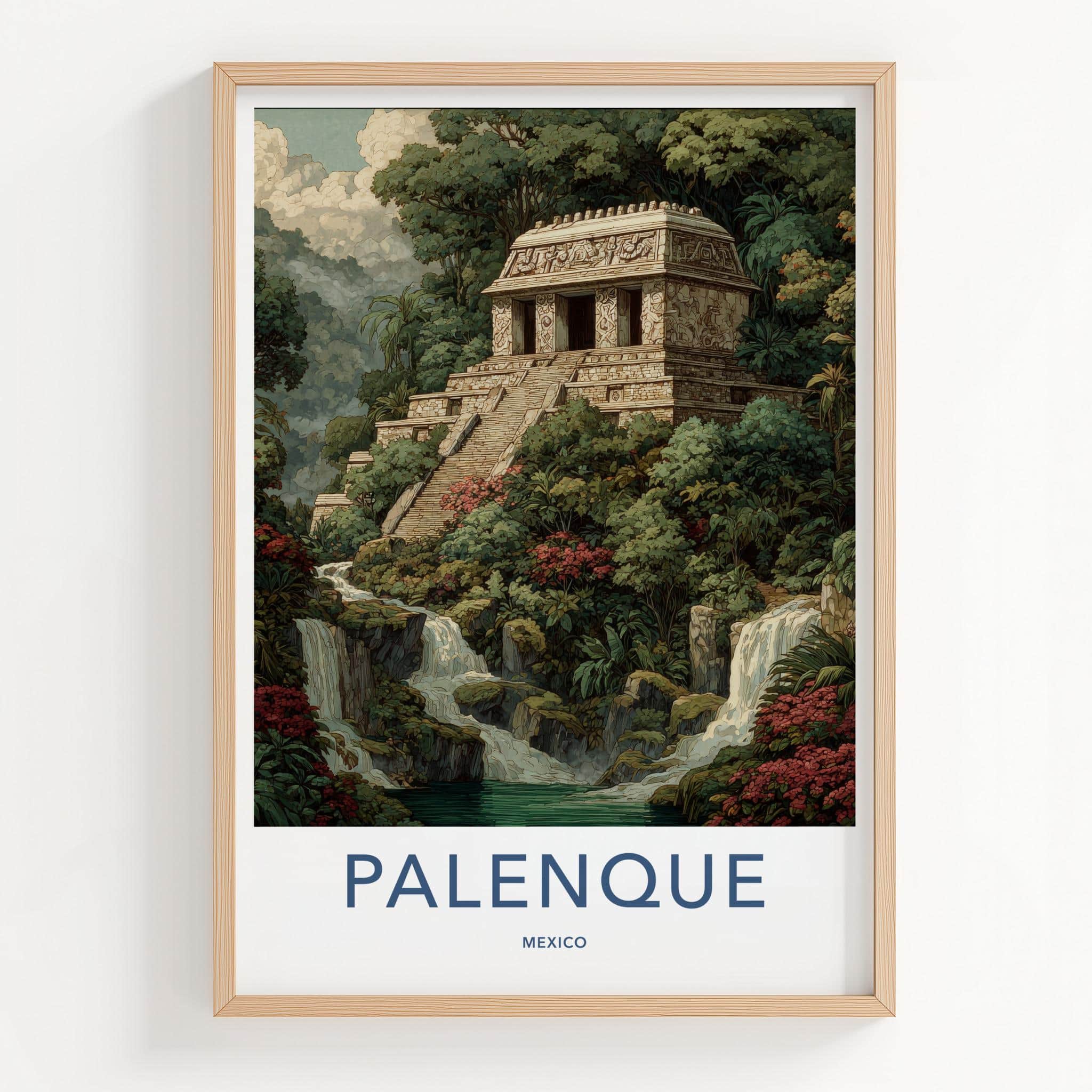 Palenque Poster - Mexico Travel Art - Mayan Temple Waterfalls Home Decor