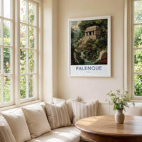 Palenque Poster - Mexico Travel Art - Mayan Temple Waterfalls Home Decor