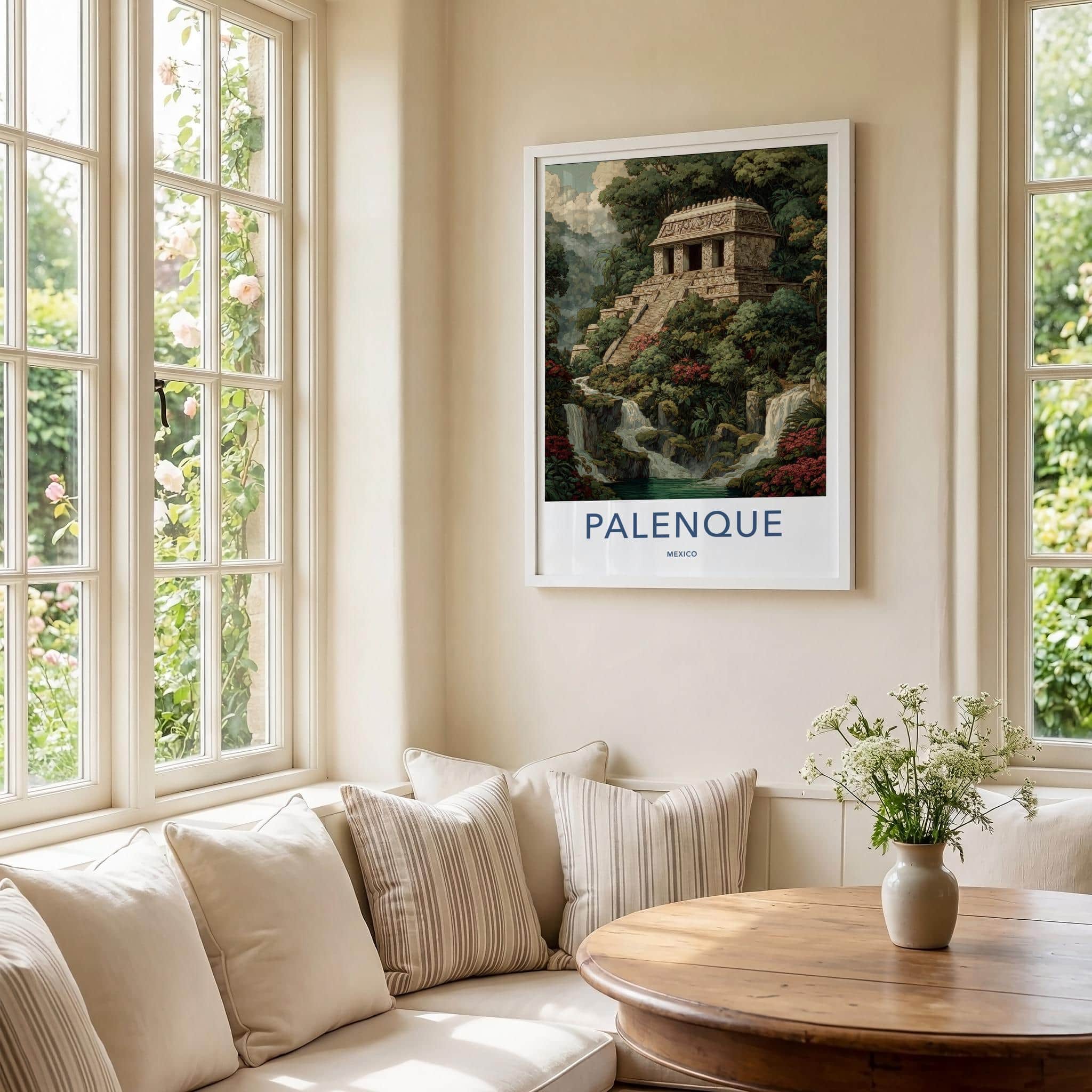 Palenque Poster - Mexico Travel Art - Mayan Temple Waterfalls Home Decor