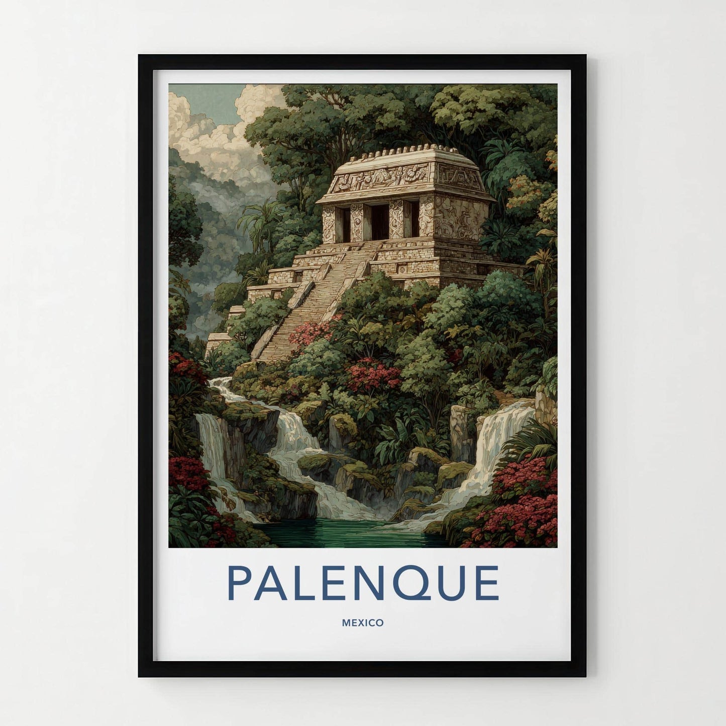 Palenque Poster - Mexico Travel Art - Mayan Temple Waterfalls Home Decor