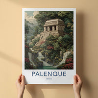 Palenque Poster - Mexico Travel Art - Mayan Temple Waterfalls Home Decor
