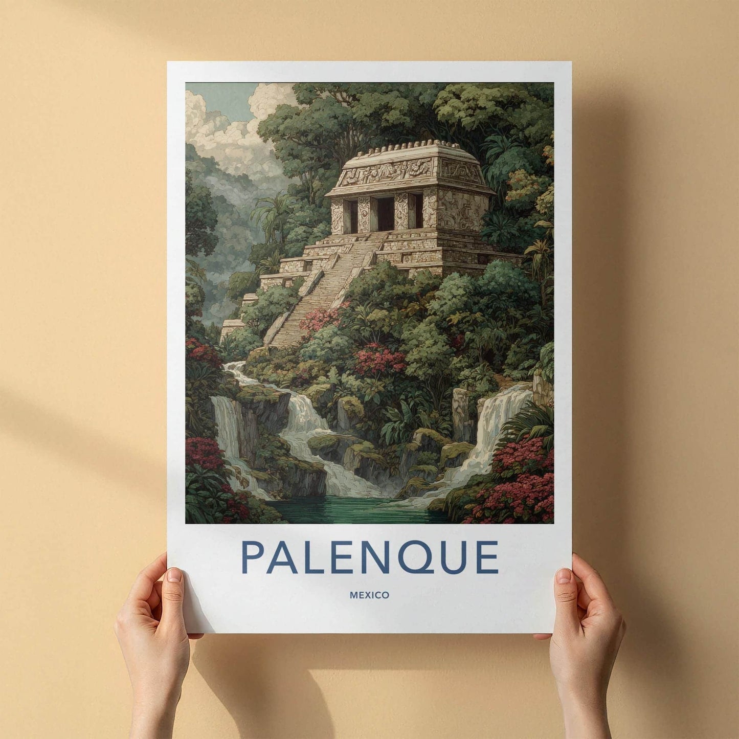 Palenque Poster - Mexico Travel Art - Mayan Temple Waterfalls Home Decor