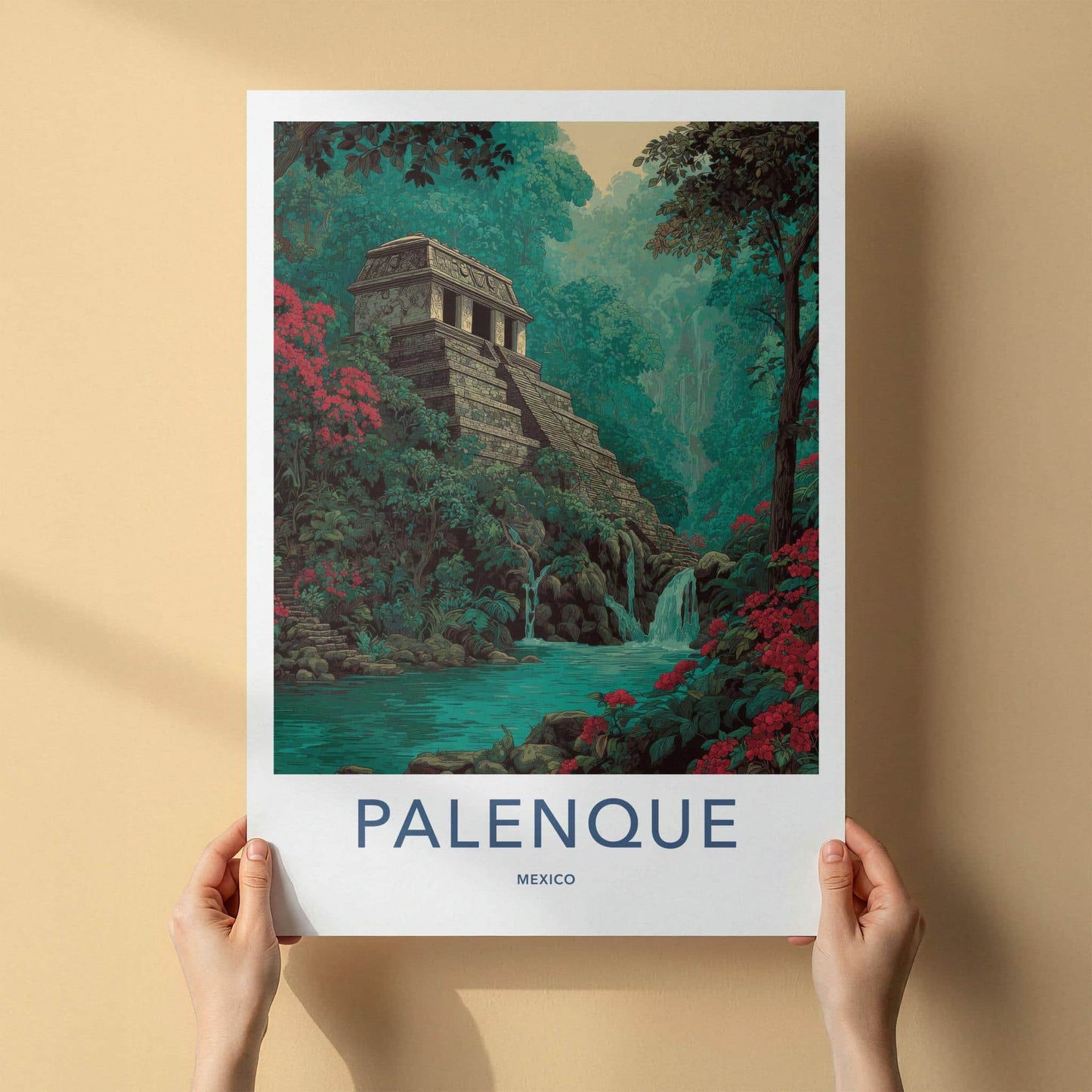 Palenque Poster - Mexico Travel Art - Stone Temple Cascade Home Decor