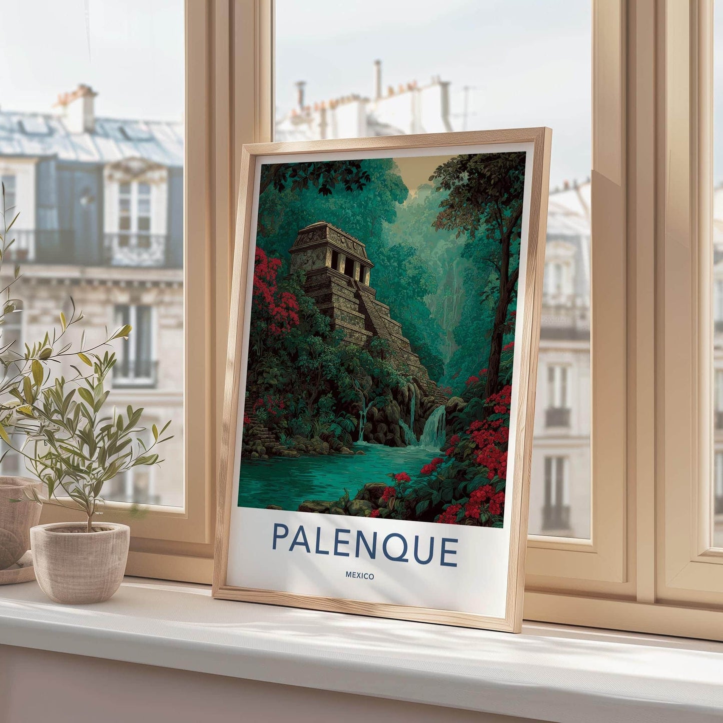 Palenque Poster - Mexico Travel Art - Stone Temple Cascade Home Decor