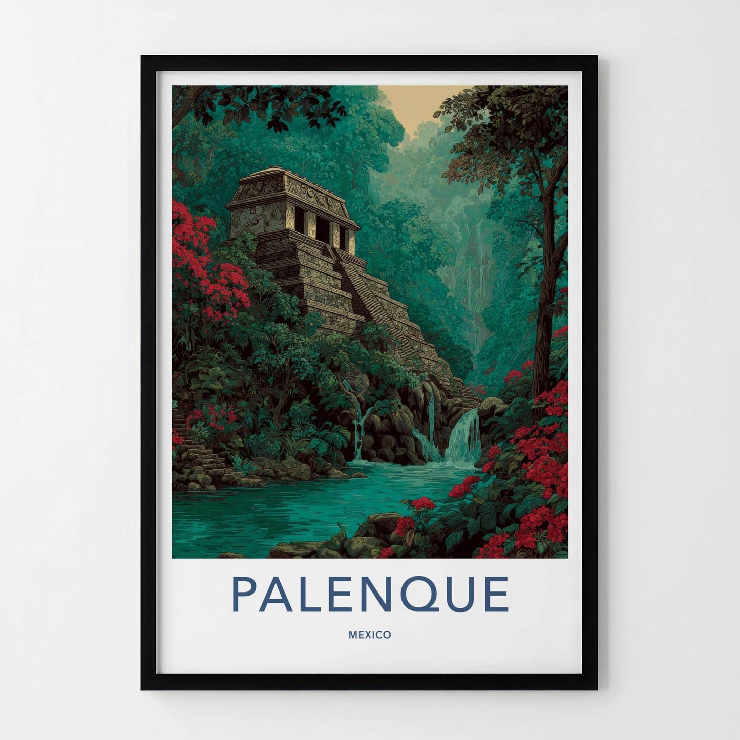 Palenque Poster - Mexico Travel Art - Stone Temple Cascade Home Decor
