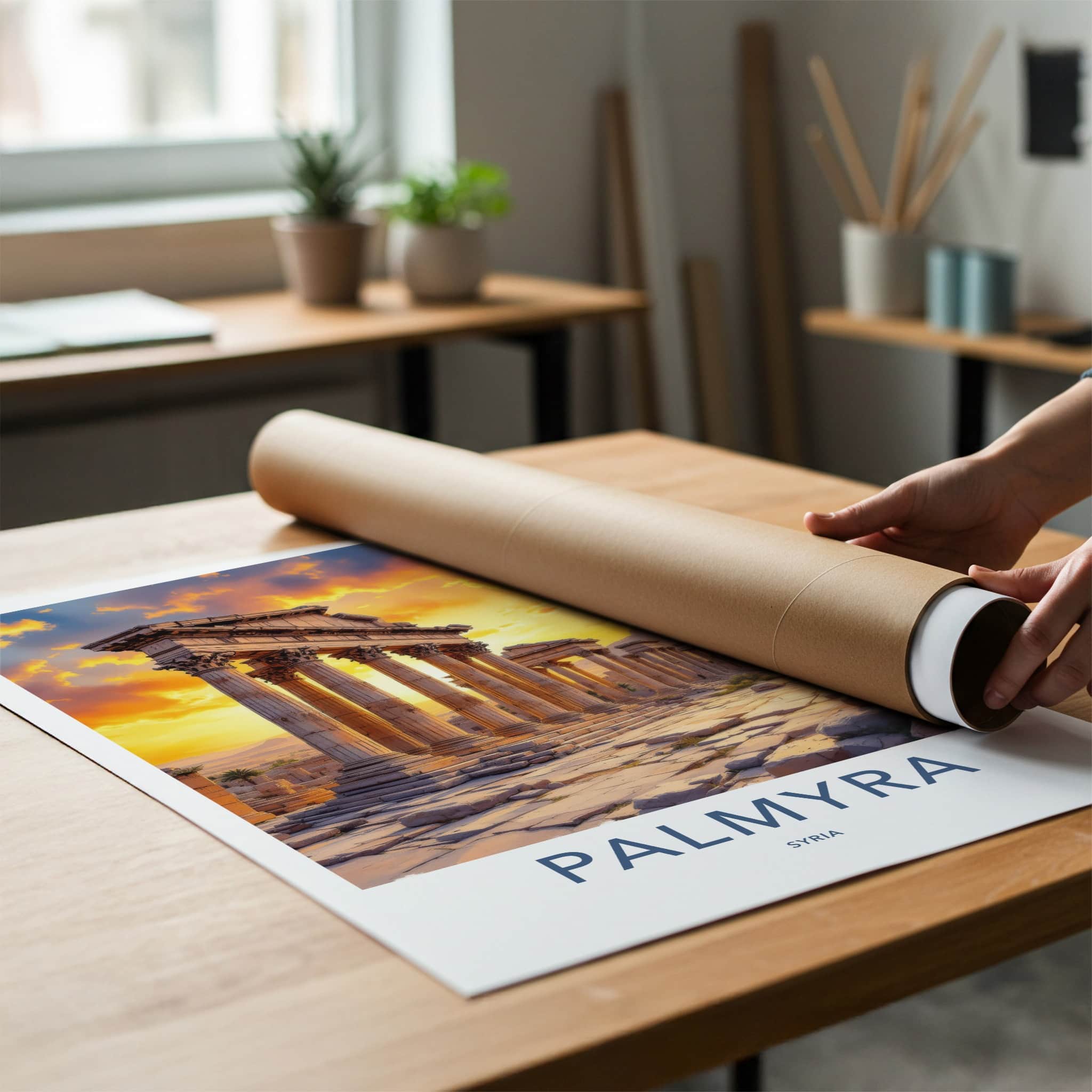 Palmyra Poster - Syria Travel Art - Sunset Ancient Columns Home Decor