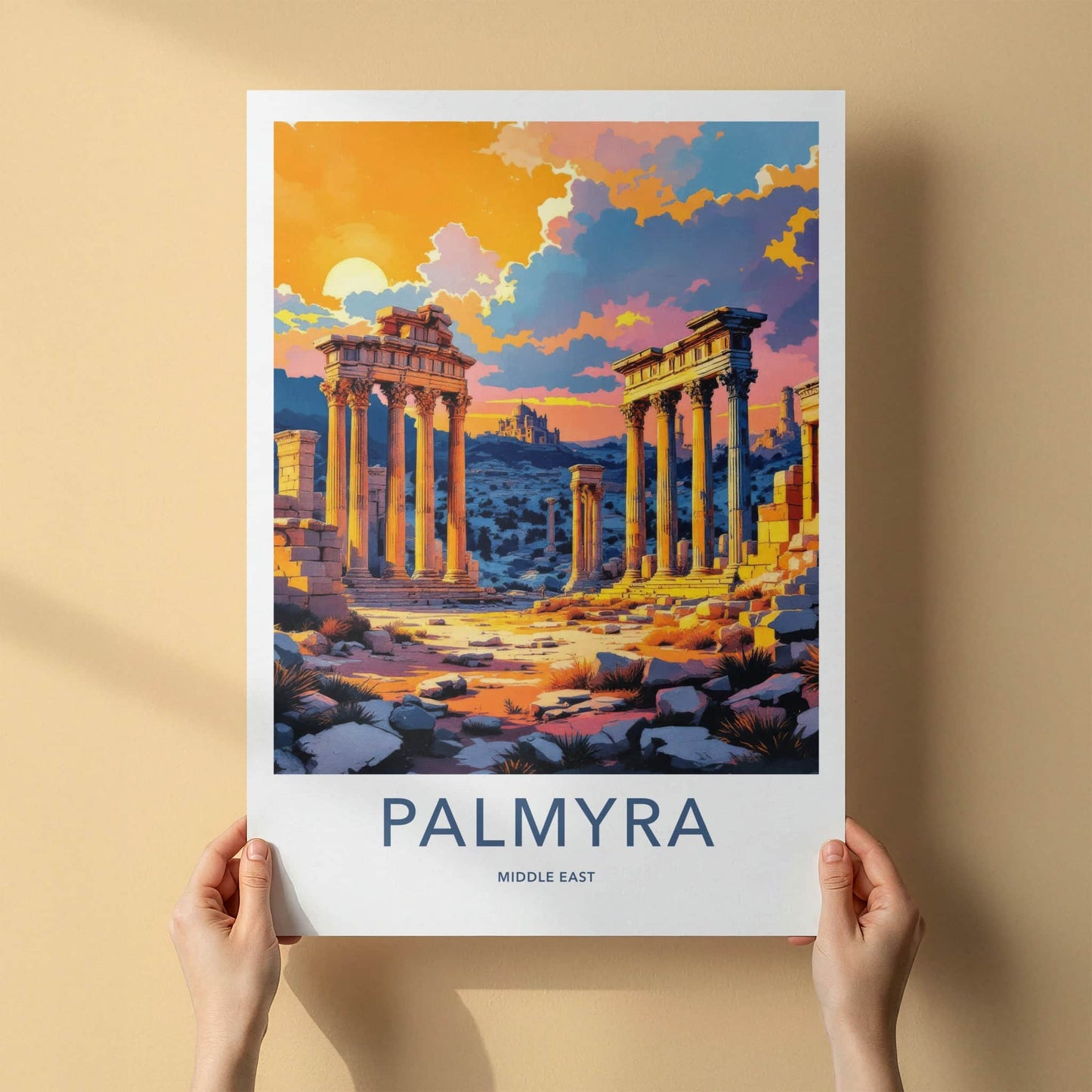 Palmyra Poster - Syria Travel Print - Sunlit Ruins Dusk Gallery Art