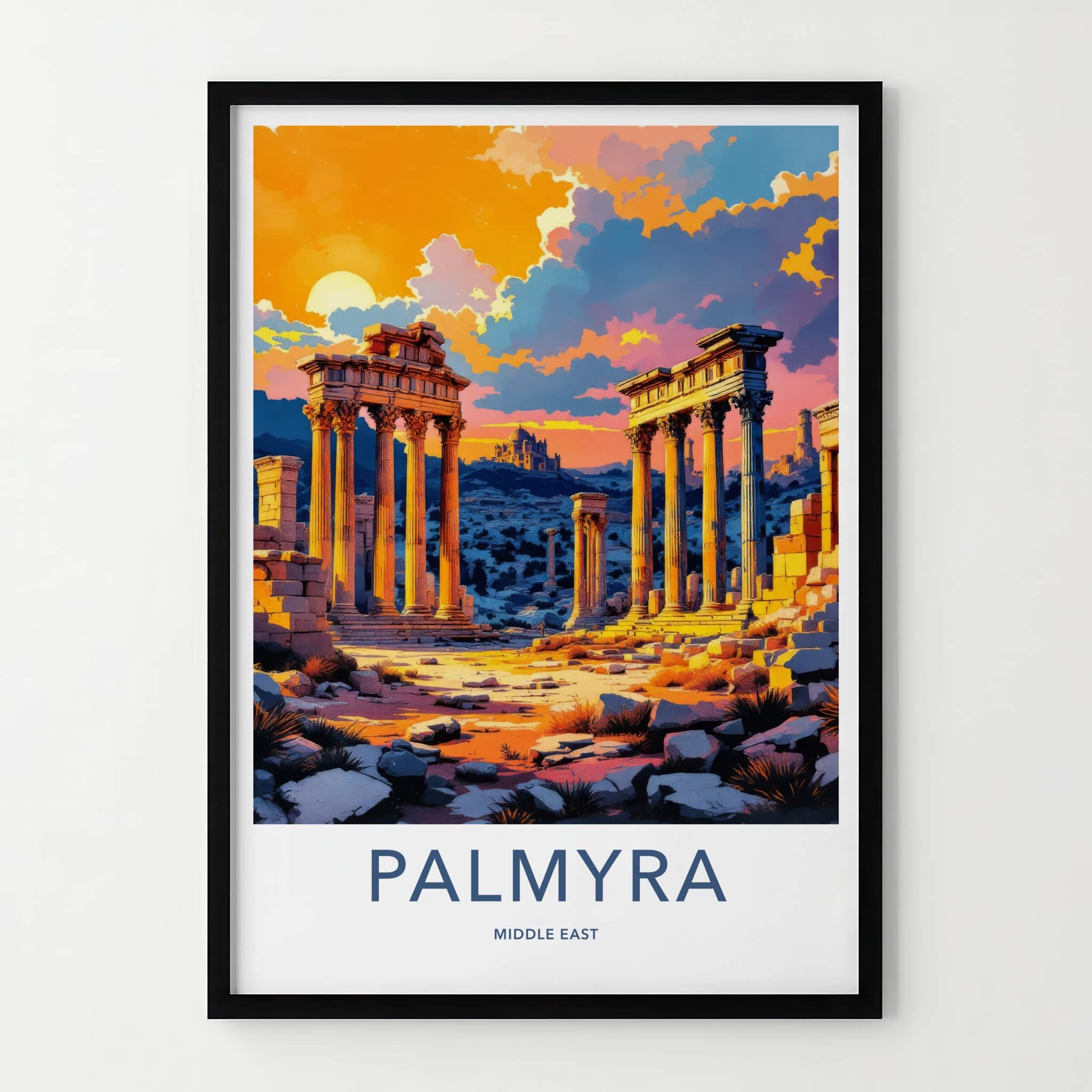 Palmyra Poster - Syria Travel Print - Sunlit Ruins Dusk Gallery Art