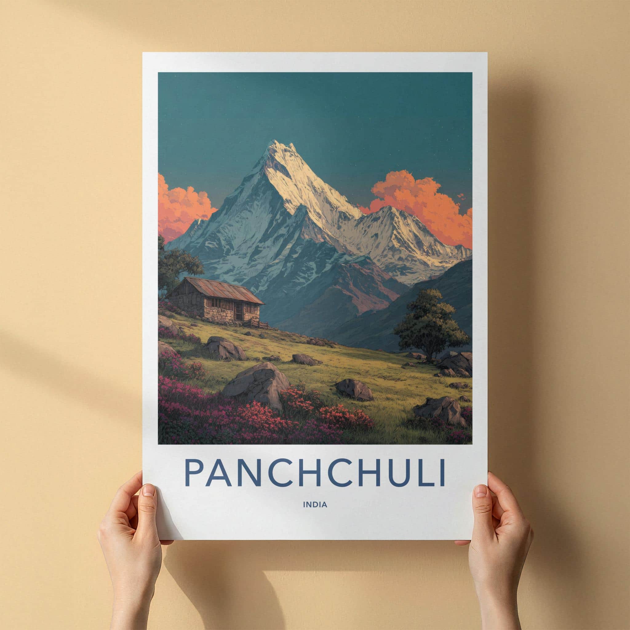 Panchchuli Poster - India Travel Art - Uttarakhand Rustic Cabin Home Decor