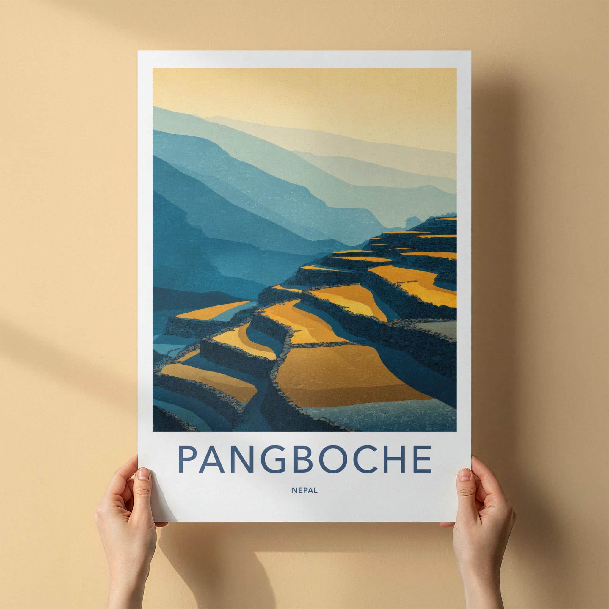Pangboche Poster - Nepal Travel Art - Golden Terraced Fields Home Decor
