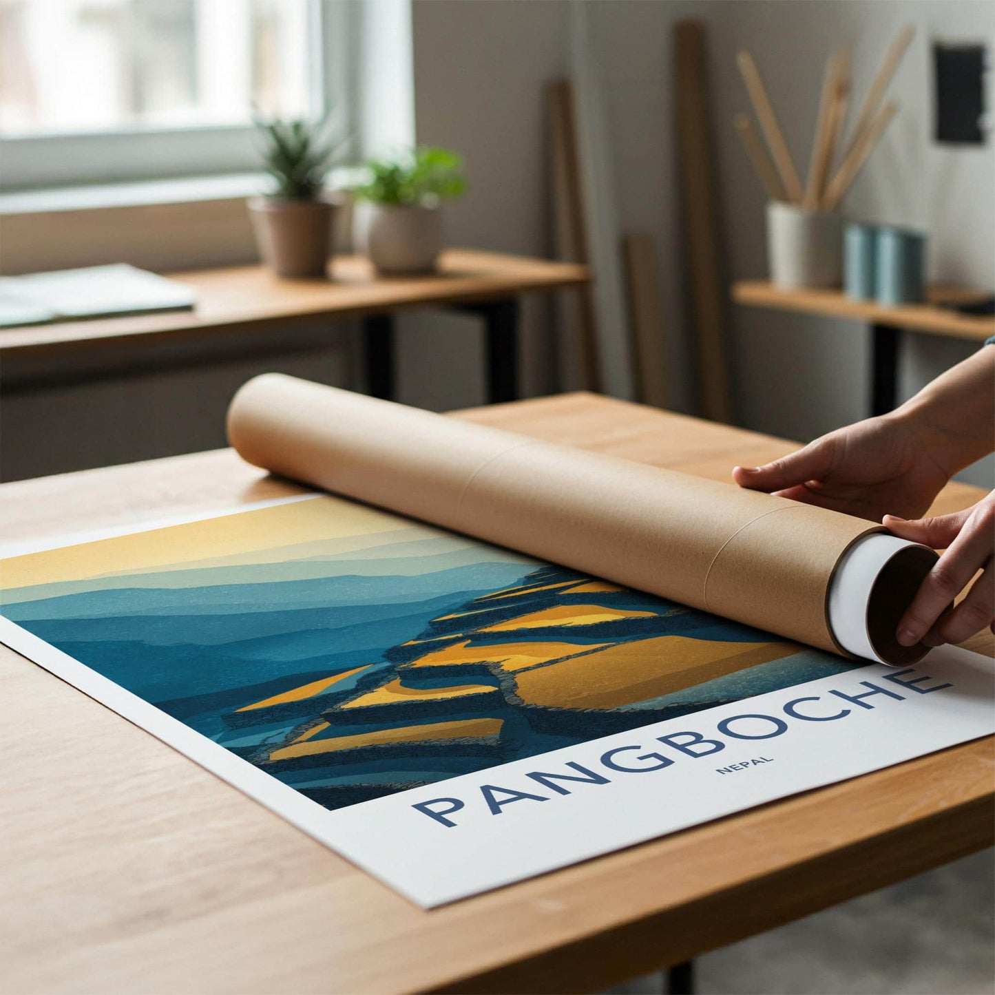 Pangboche Poster - Nepal Travel Art - Golden Terraced Fields Home Decor