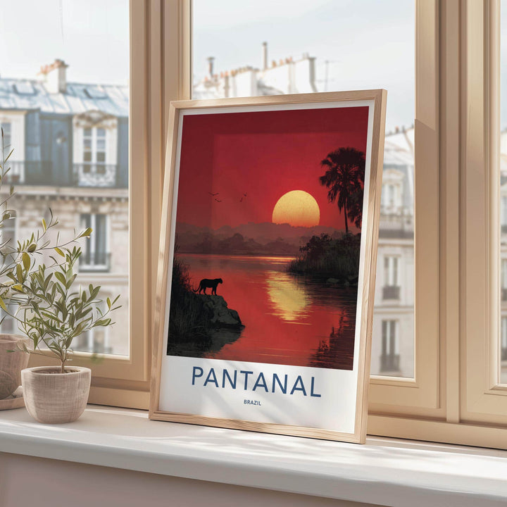 Pantanal Poster - Brazil Travel Art - Panther Red Sunset Home Decor