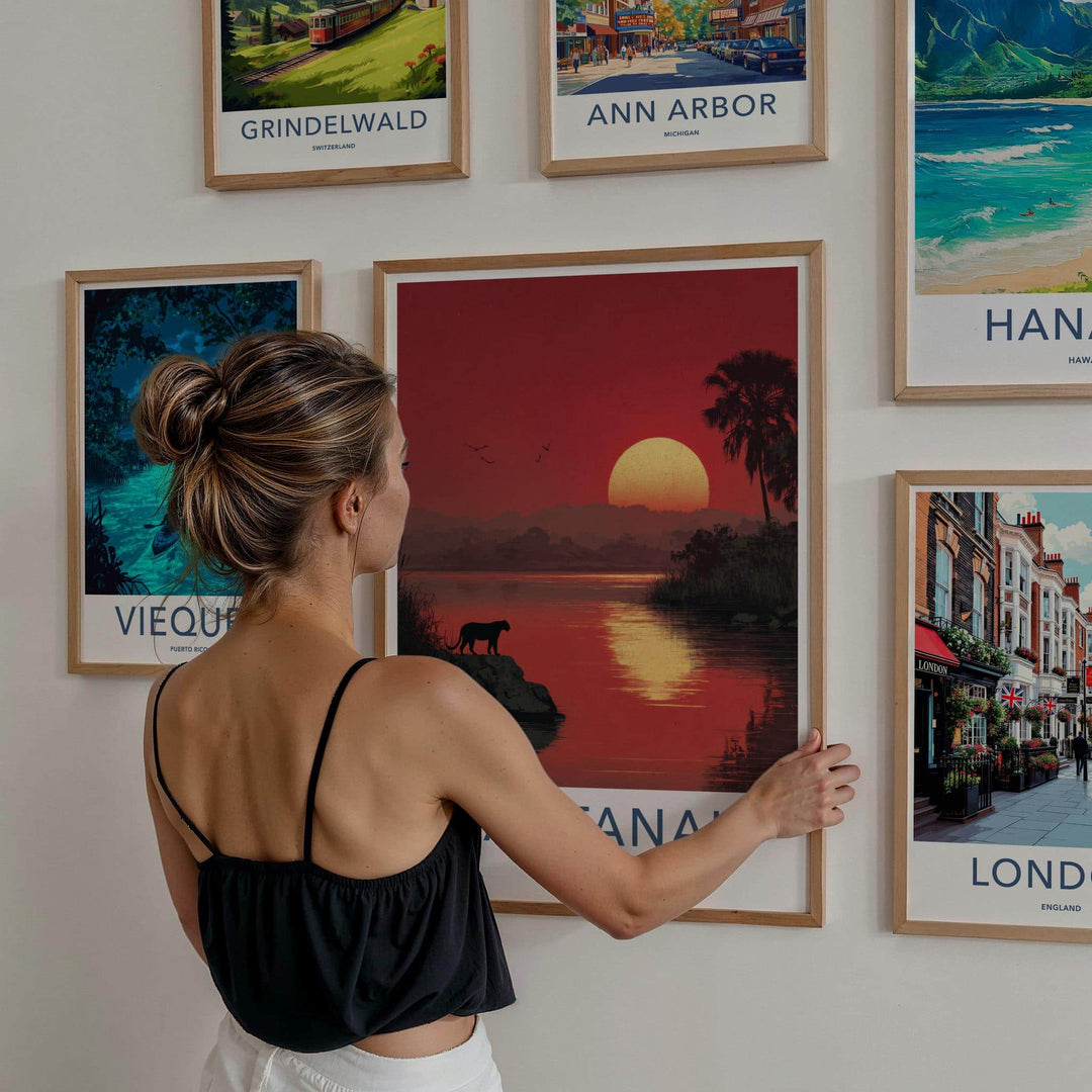 Pantanal Poster - Brazil Travel Art - Panther Red Sunset Home Decor