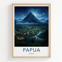 Papua Poster - Indonesia Wall Art - Moonlit Village River Home Decor