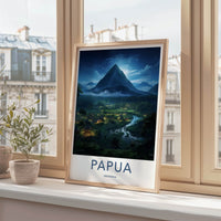 Papua Poster - Indonesia Wall Art - Moonlit Village River Home Decor