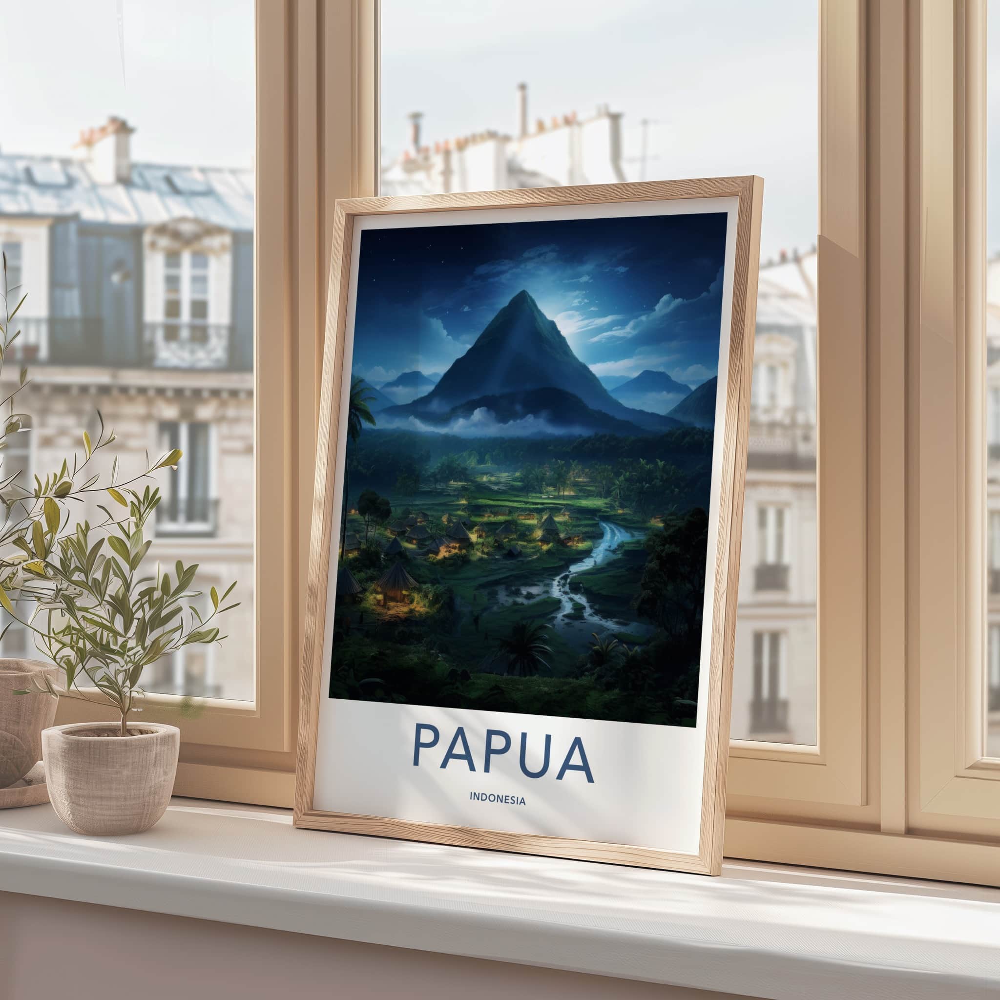 Papua Poster - Indonesia Wall Art - Moonlit Village River Home Decor