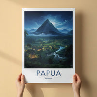 Papua Poster - Indonesia Wall Art - Moonlit Village River Home Decor