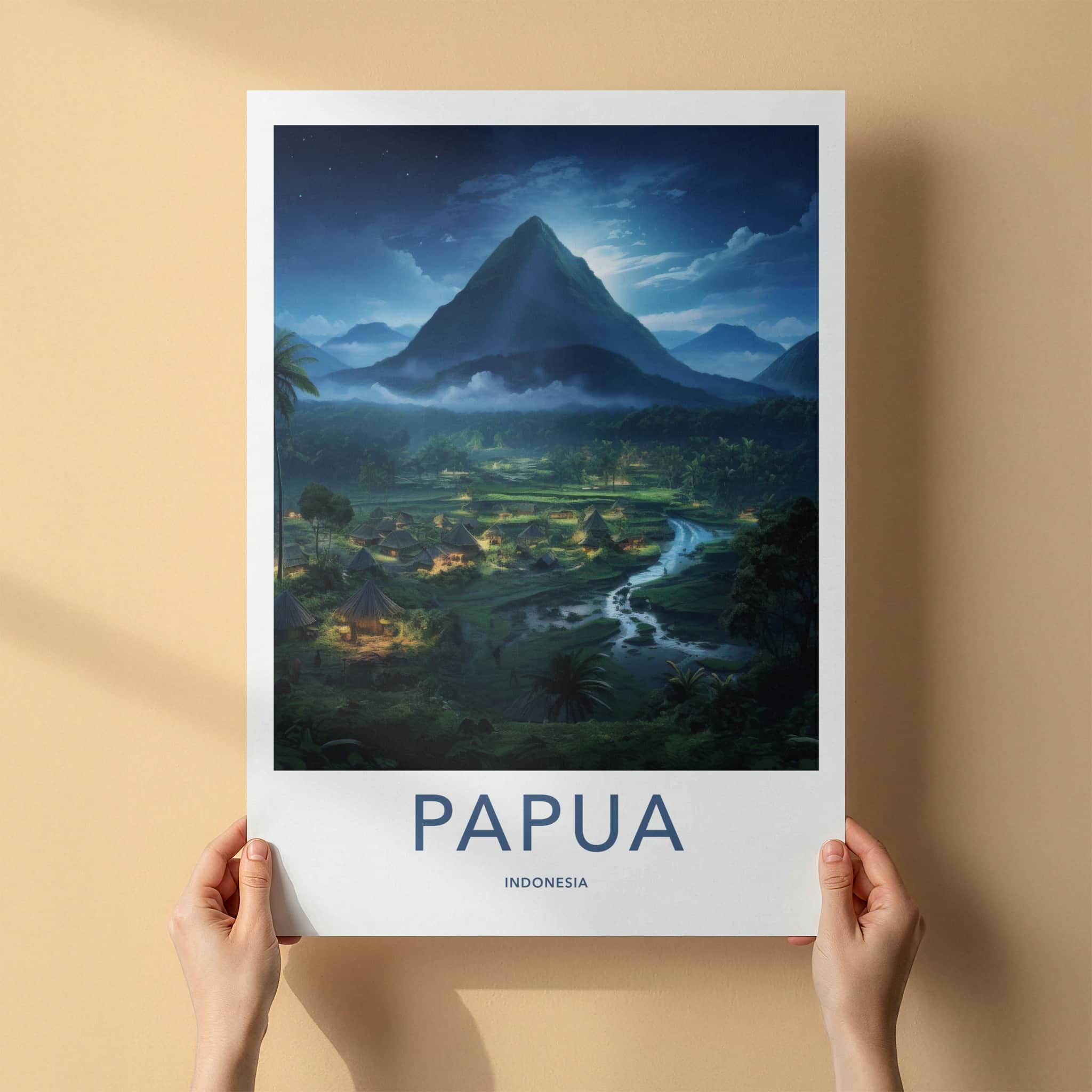 Papua Poster - Indonesia Wall Art - Moonlit Village River Home Decor