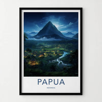 Papua Poster - Indonesia Wall Art - Moonlit Village River Home Decor