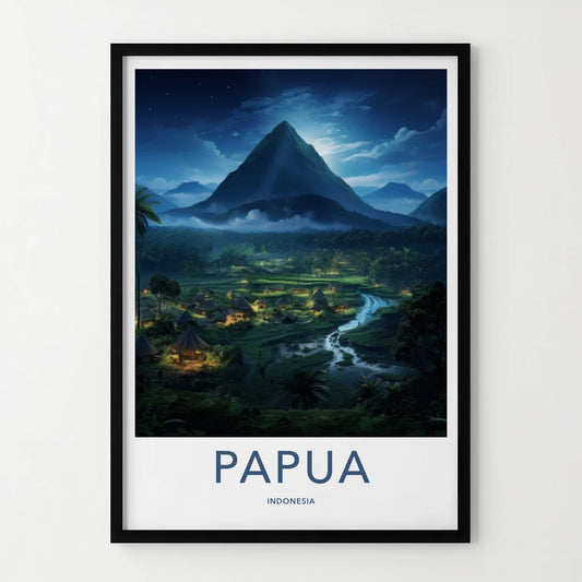 Papua Poster - Indonesia Wall Art - Moonlit Village River Home Decor