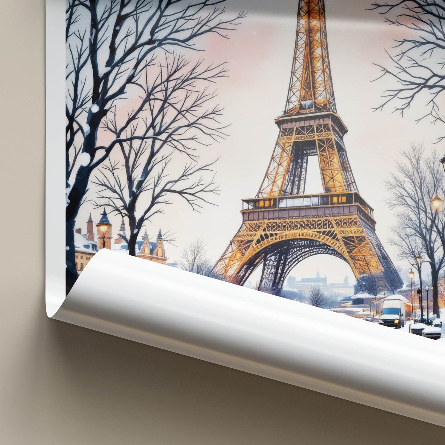 Paris Poster - France Framed Art - Eiffel Tower Snowy Street Lounge Decor