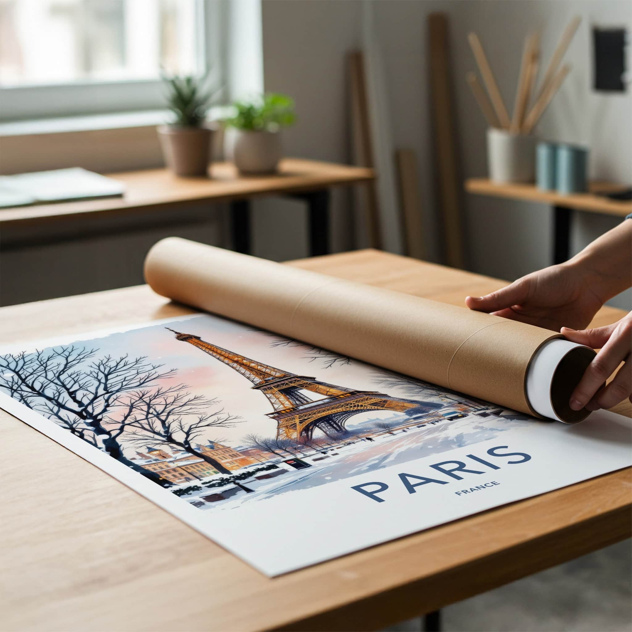 Paris Poster - France Framed Art - Eiffel Tower Snowy Street Lounge Decor